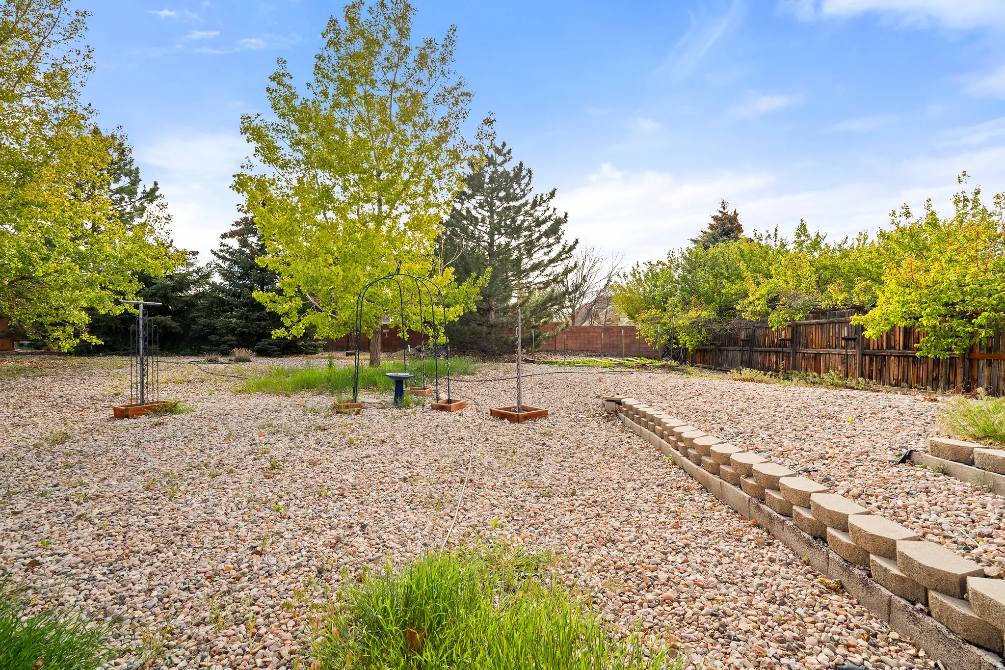 Expansive outdoor area featuring a gravel ground cover, mature trees, and a wooden perimeter fence