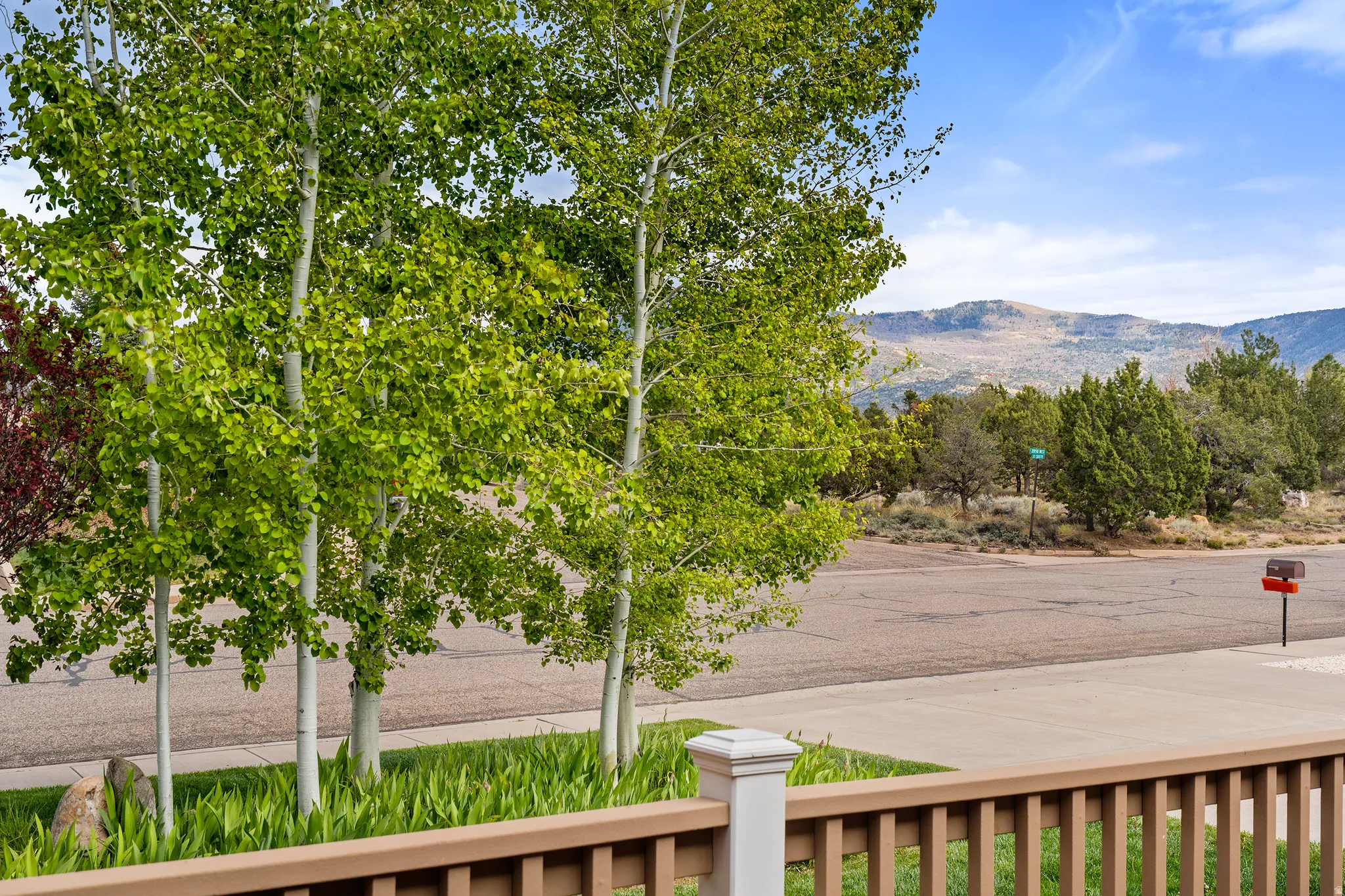 Terraced wood railing with white post cap, featuring a planted border of green foliage, mature deciduous trees, and a mountain backdrop