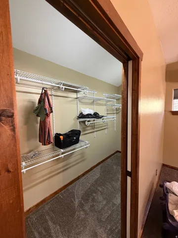 Walk-in closet featuring wire shelving, wire hanging rods, neutral wall paint, and gray carpet flooring