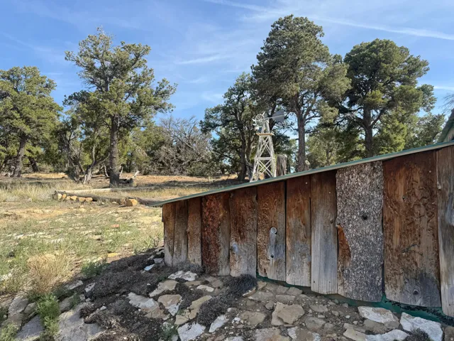 Rustic wood-sided structure featuring a metal roof and a stone foundation, set amidst a landscape with mature trees and natural grasses