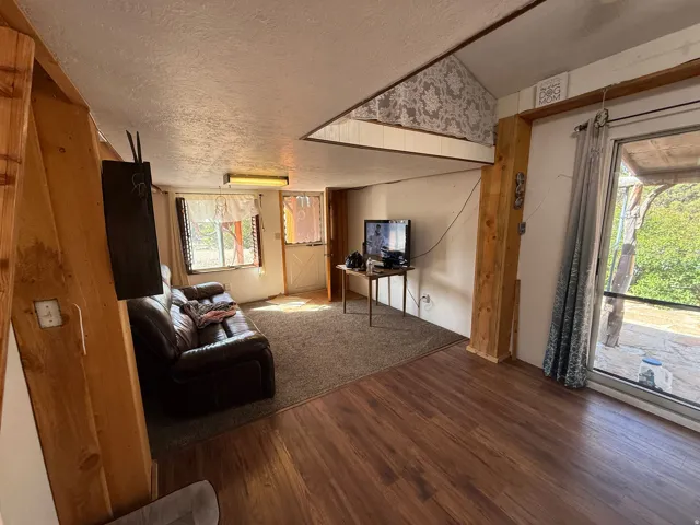 Wood-finish flooring throughout the main living area, complemented by a carpeted section