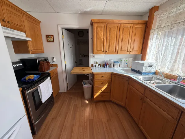 Kitchen featuring wood-finish flooring, oak cabinetry, and a dual basin stainless steel sink