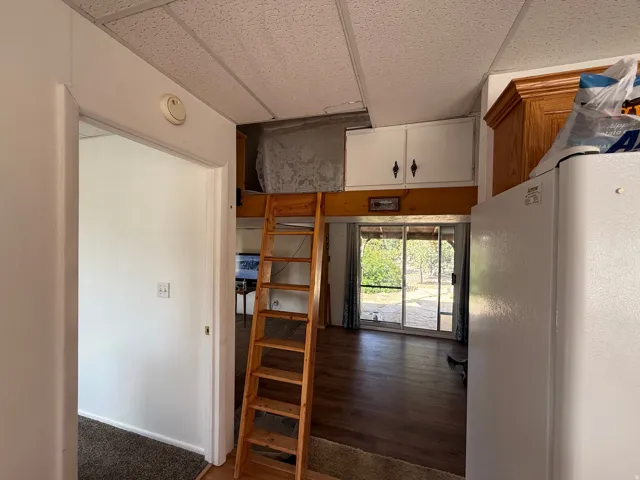 Interior space featuring a loft area with a wood ladder, overhead cabinetry, and wood-finish flooring