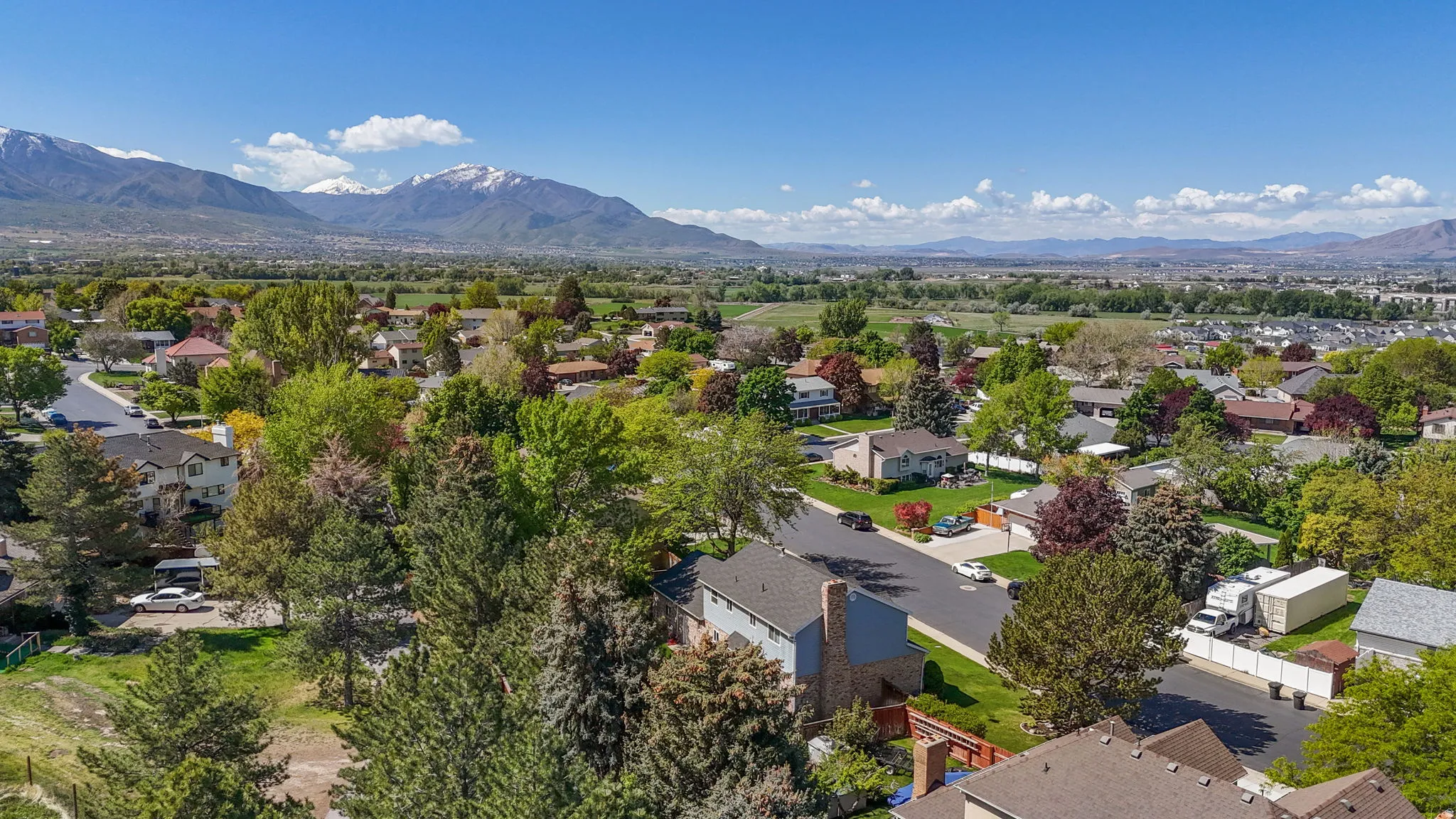 Residential neighborhood featuring mature trees and a clear mountain backdrop