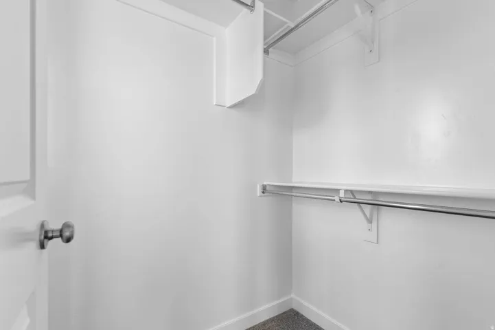 White painted closet interior featuring built-in shelving, dual chrome hanging rods, and neutral-toned carpeting