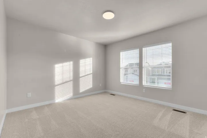 Bright room featuring two windows with horizontal blinds, neutral-toned carpet, and a flush-mount ceiling light fixture