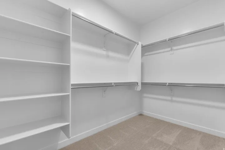 Spacious walk-in closet featuring built-in shelving, multiple hanging rods, and neutral-toned carpeting
