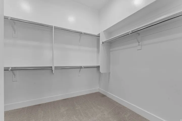 Spacious walk-in closet featuring white built-in shelving, chrome hanging rods, and neutral carpet flooring