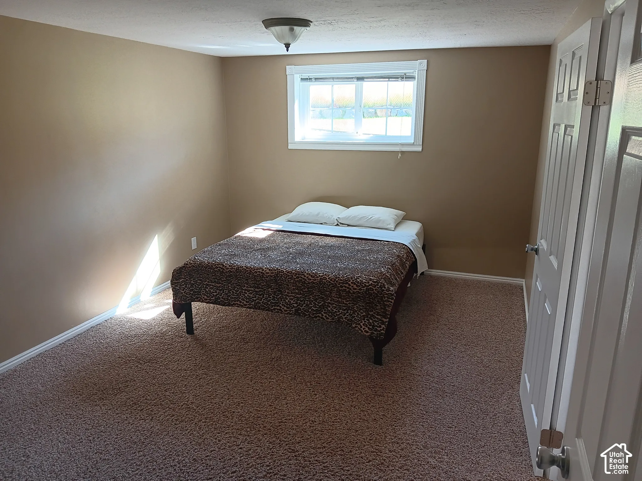 Wall-to-wall carpeting with neutral wall tones and white trim
