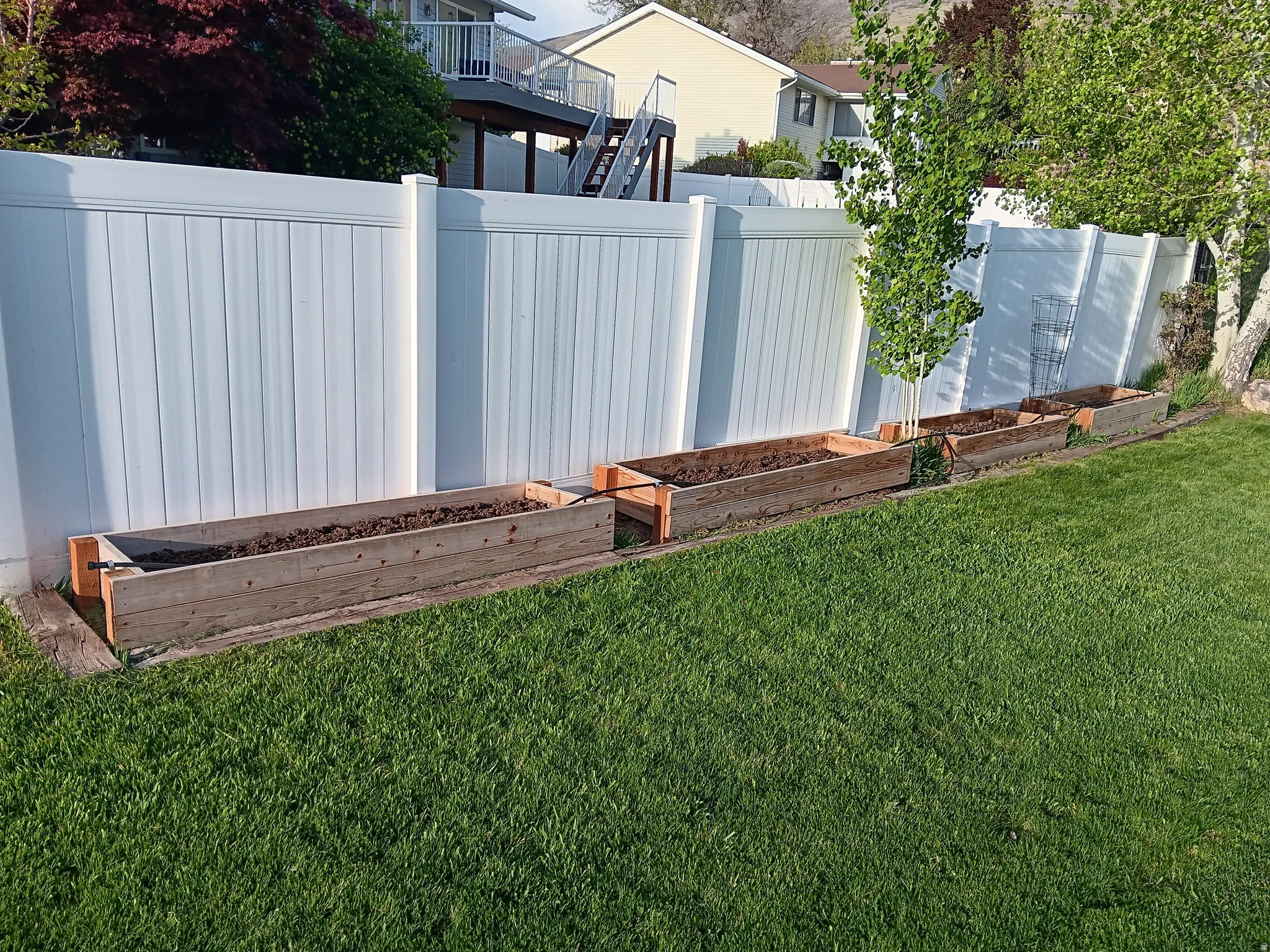 Fenced yard featuring Red wood raised beds/ vegetable garden