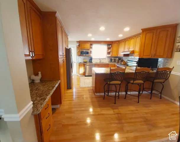 Kitchen featuring a peninsula, wood finish cabinets, open shelves, stainless steel appliances, and light wood finished floors