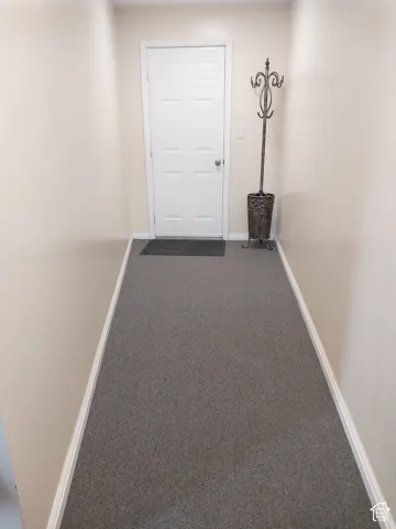 Garage hallway with gray carpet and baseboards