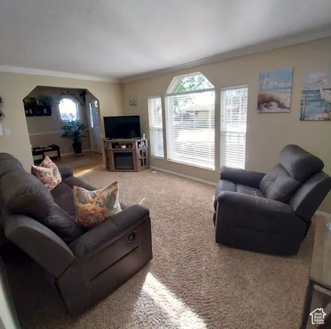 Living room with arched walkways, crown molding, and light colored carpet