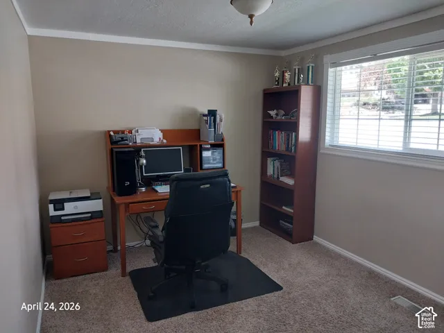 Office area featuring light carpet and a textured ceiling