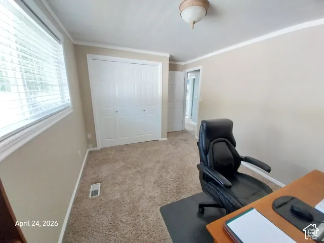Office space with light colored carpet and crown molding