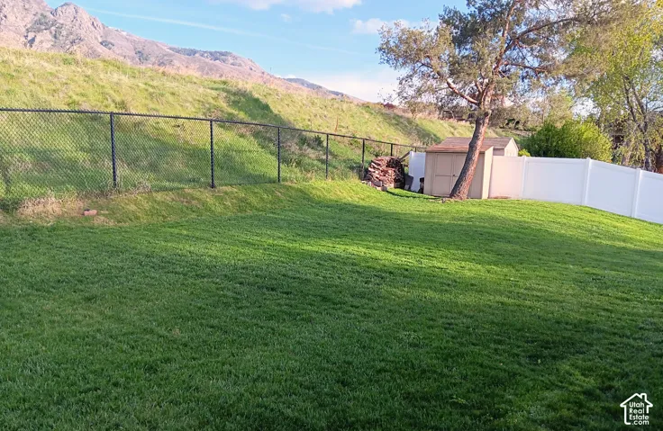 Fenced backyard with a shed and a mountain view