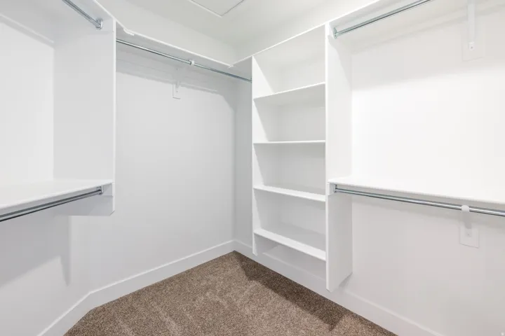 Built-in shelving, multiple hanging rods, and plush carpet flooring