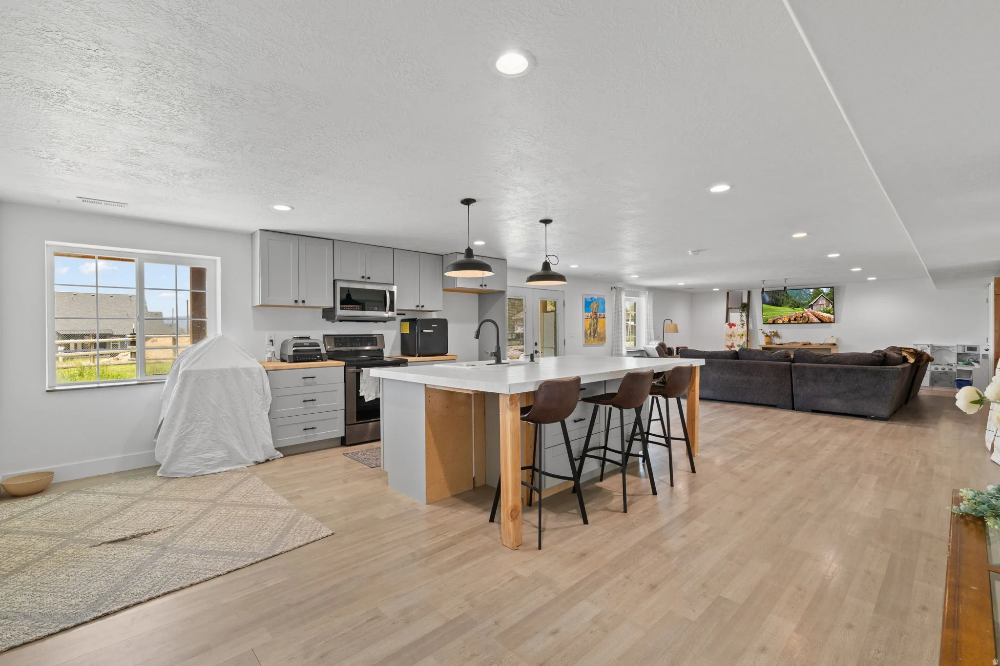 Basement ADU, expansive open-concept space featuring wood-finish flooring throughout