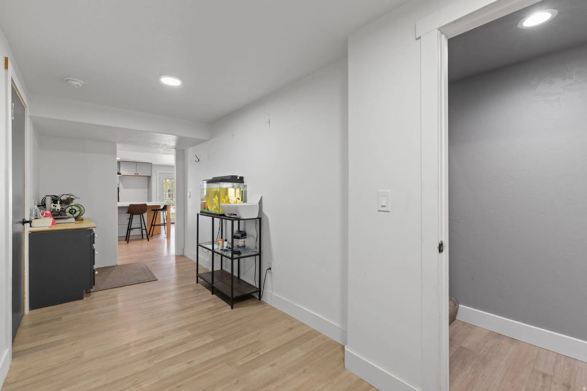 Laminate wood-finish flooring extends through the hallway and into a visible kitchen space