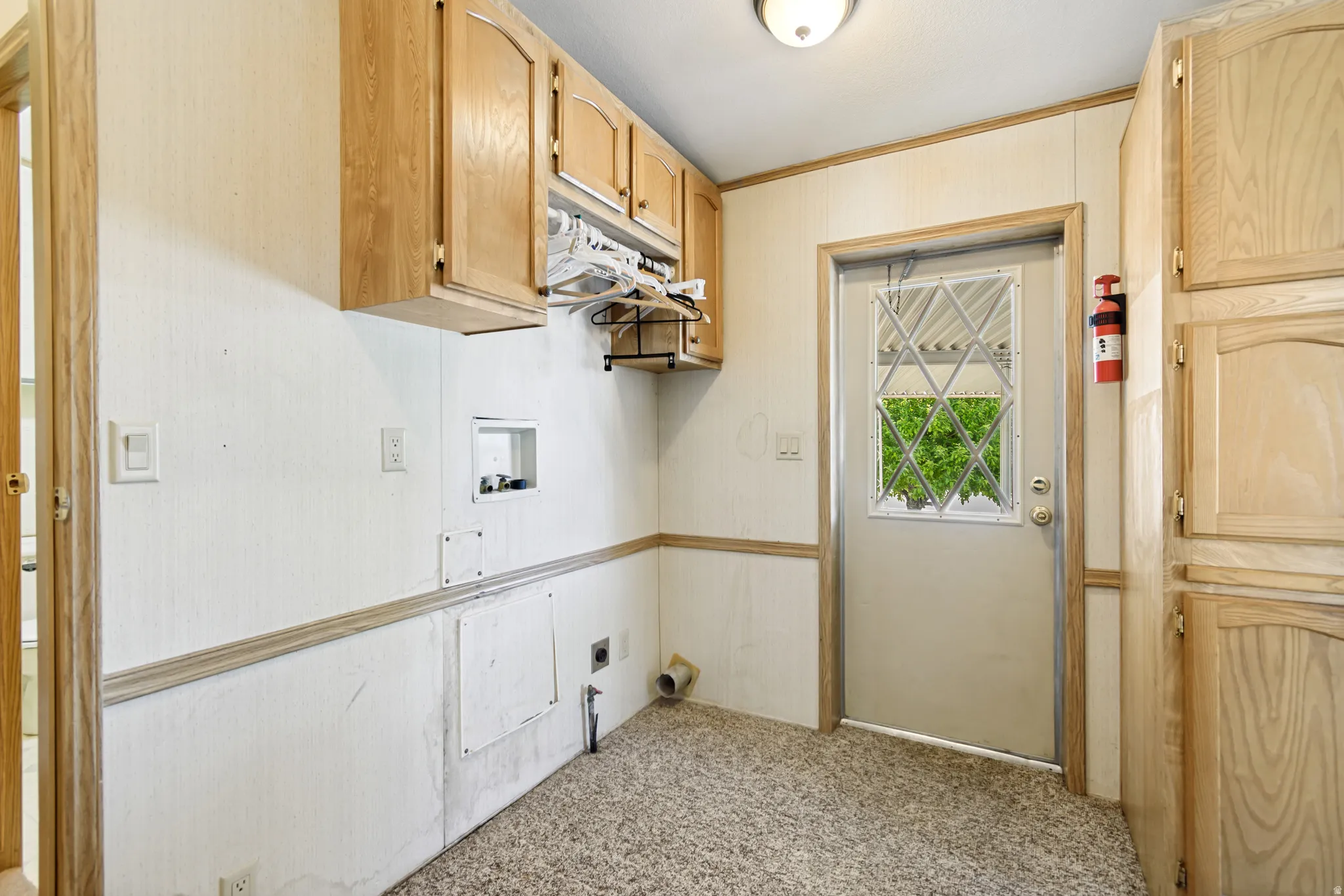 Laundry area with light carpet, hookup for a washing machine, cabinet space, and hookup for an electric dryer