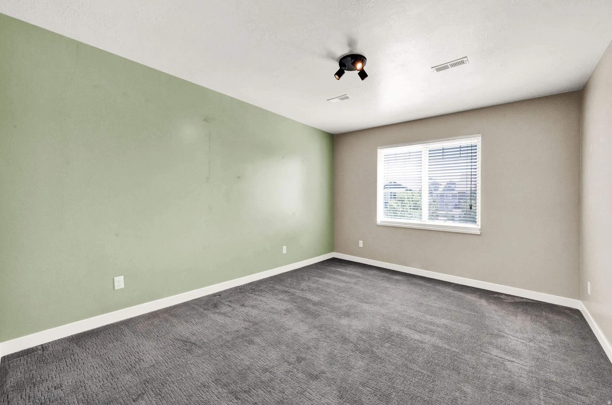 Room featuring light green and neutral-toned walls, grey carpeting, and a white ceiling