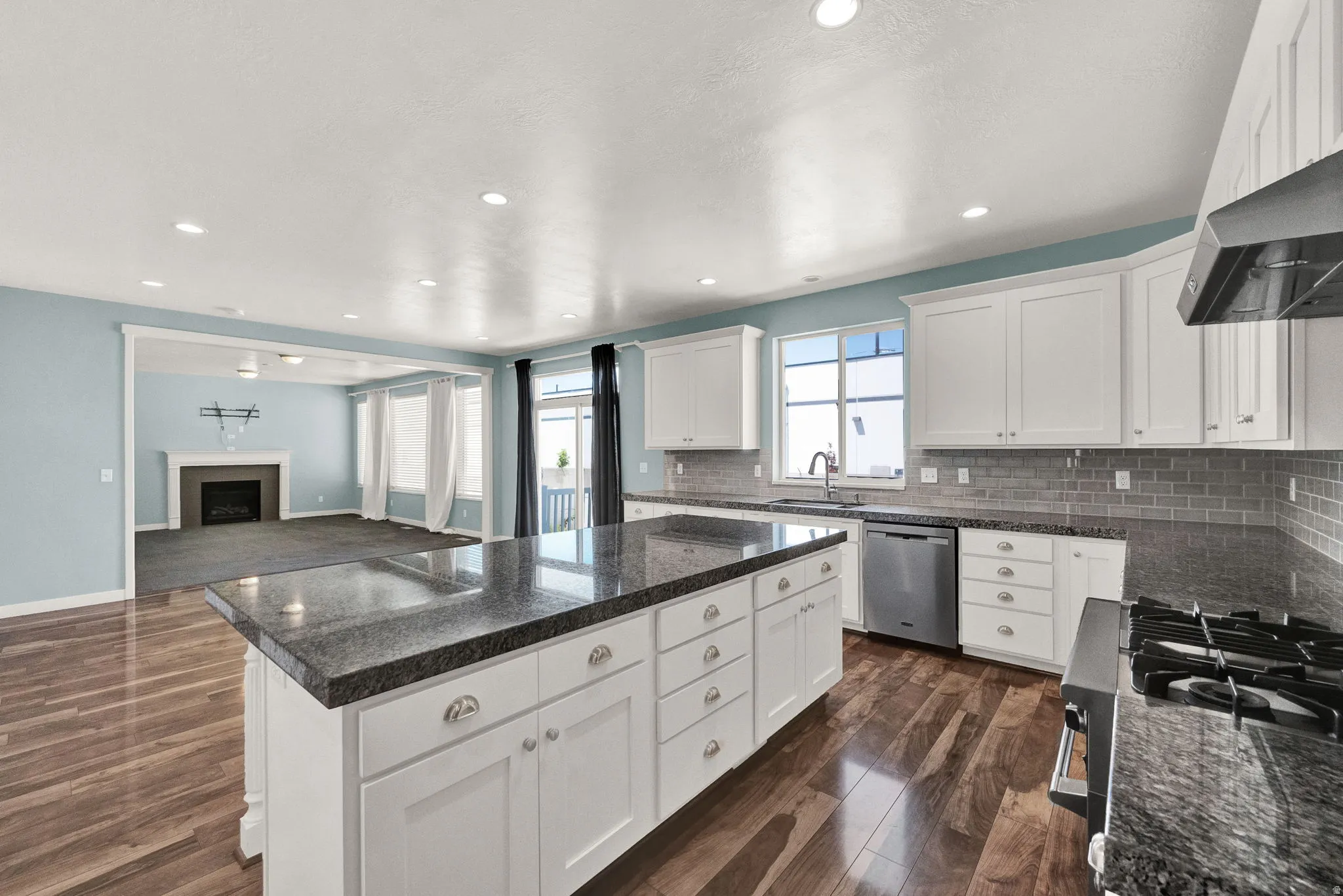 Kitchen featuring an expansive island with a dark countertop, white cabinetry, and stainless steel appliances