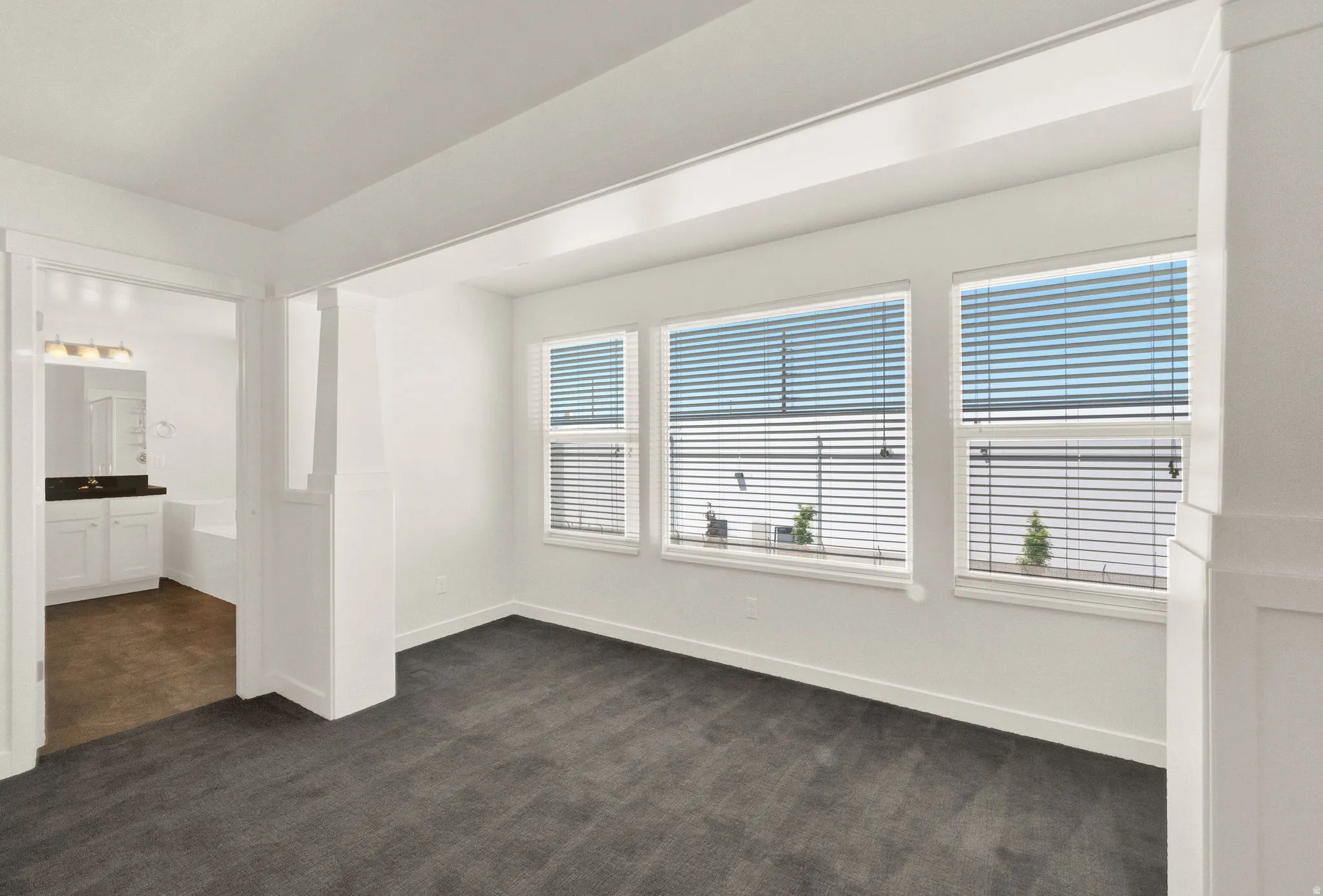 Spacious room with dark gray carpeting and three windows featuring horizontal blinds