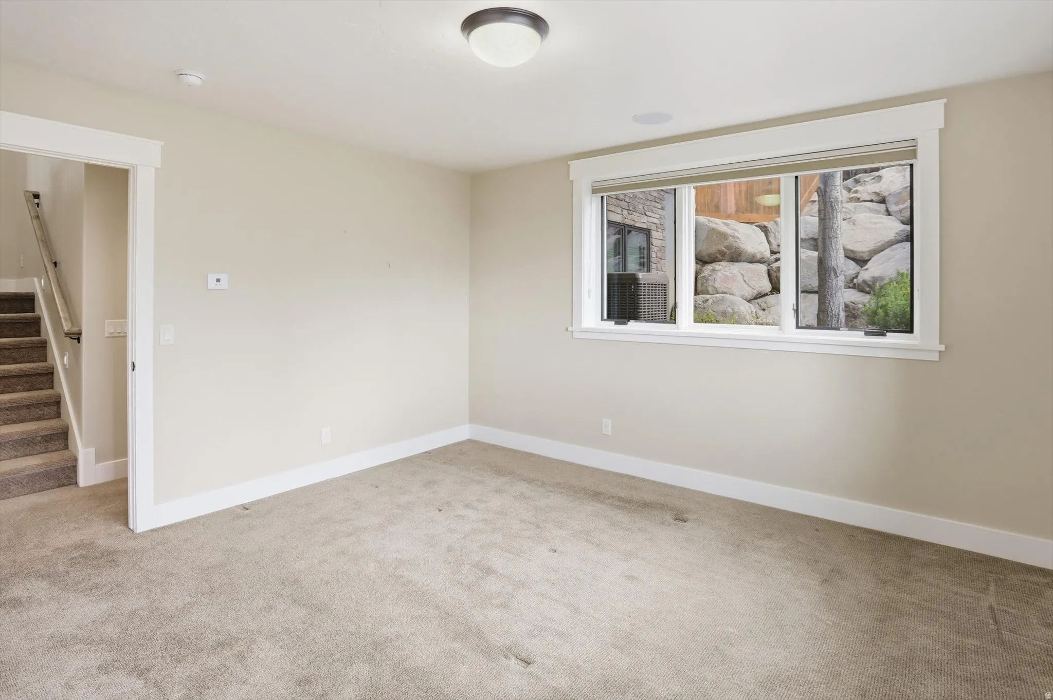 Carpeted room with a multi-pane window featuring white trim and a neutral color palette