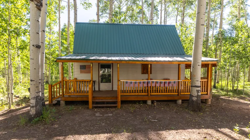 Rustic cabin exterior featuring a covered front porch with natural wood railings, a dark green metal roof, and white siding