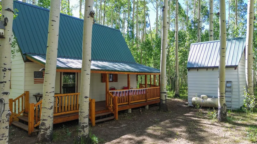 White siding cabin with a green metal roof and a covered wooden porch