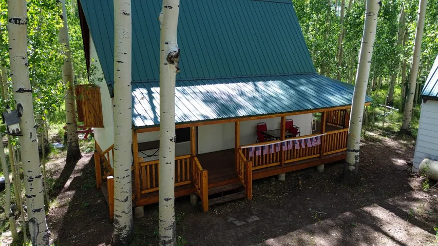 Wood-frame cabin featuring a green metal roof, covered front porch, and natural wood railing