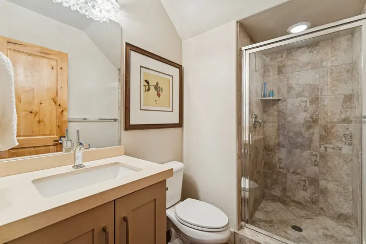 Bathroom featuring a walk-in shower with tile surround and glass enclosure, a single vanity with an integrated sink, a toilet, and a decorative light fixture