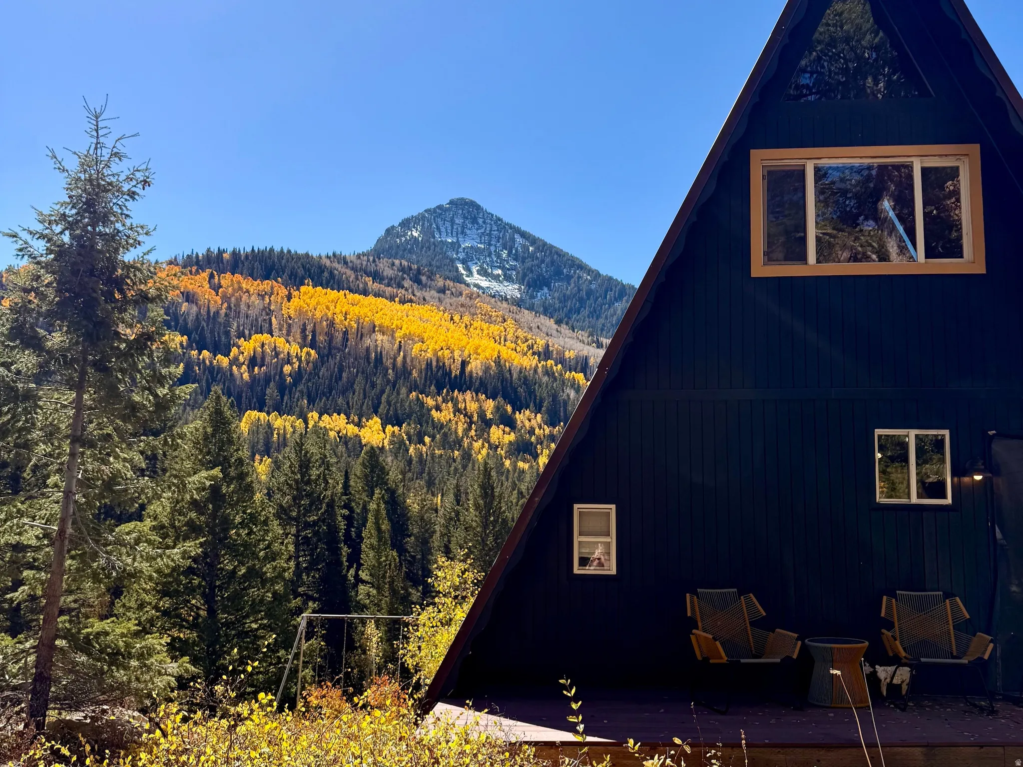 A-frame residence with dark siding, featuring a prominent peak and multiple windows
