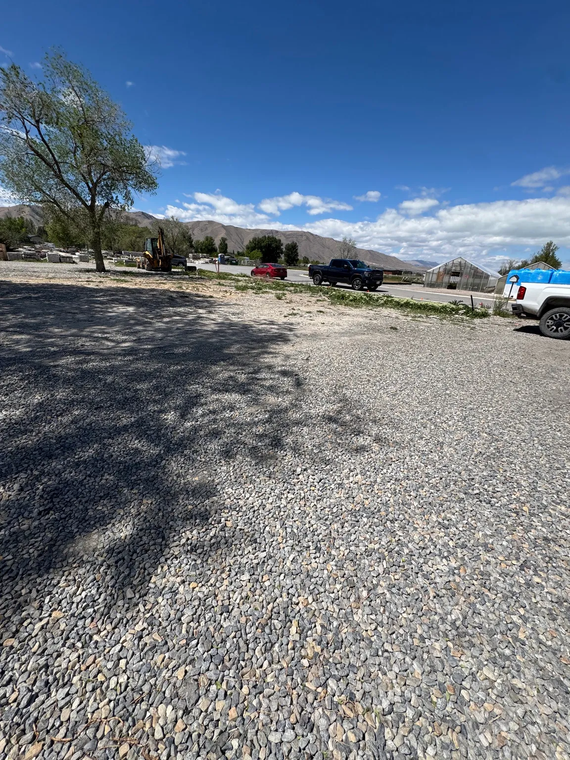 Expansive gravel lot with mature tree providing natural shade