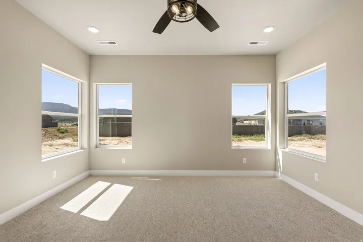 Room featuring four windows, neutral carpeting, and light-toned walls