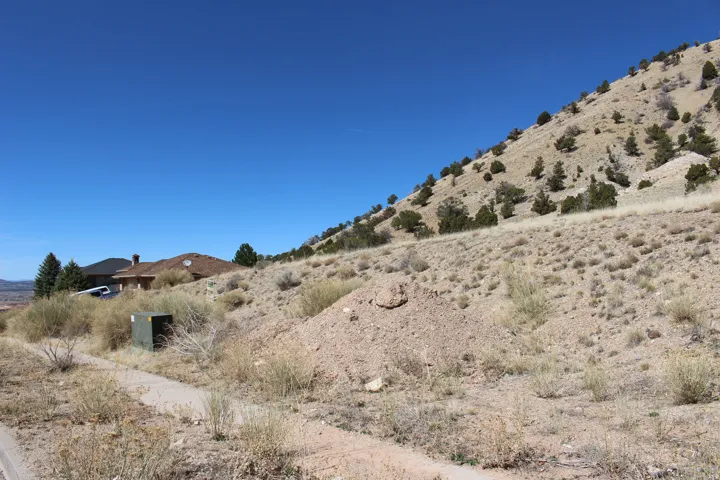 Sloping hillside property featuring natural vegetation and a clear blue sky