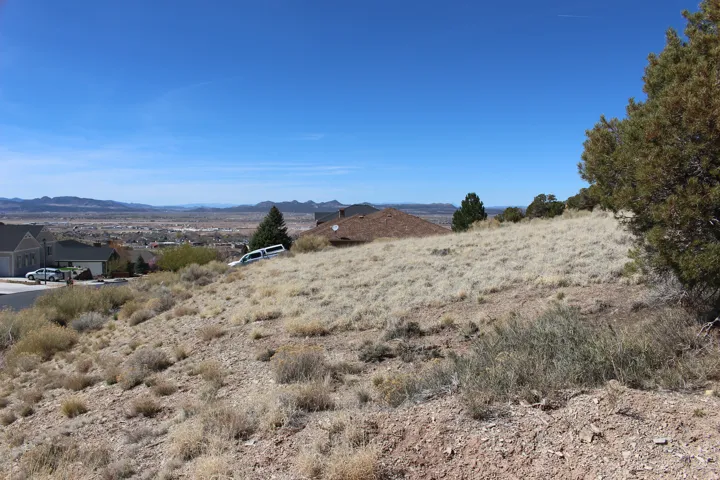 Expansive undeveloped lot featuring natural vegetation, a sloping terrain, and distant mountain ranges