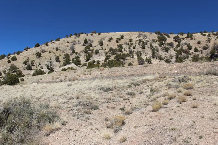 Expansive hillside terrain featuring sparse vegetation and natural rock formations
