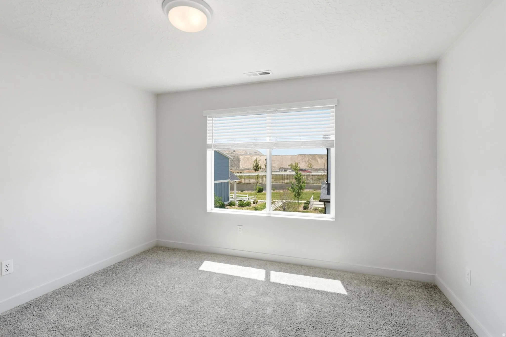 Bright room featuring a large window, neutral carpeting, white walls, and a flush-mount ceiling light fixture