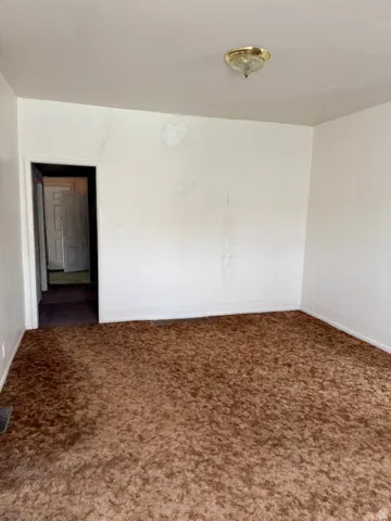 Brown textured carpeting with white baseboards, a flush-mount ceiling light fixture, and a doorway opening into an interior space