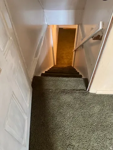 Carpeted staircase with white painted walls and a wood handrail