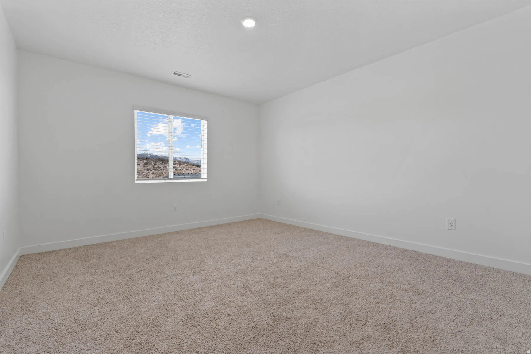Neutral-toned carpeting grounds this room featuring white walls and a single window with blinds