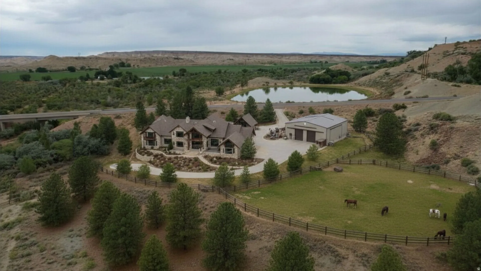 Overview of rural landscape with a nearby body of water