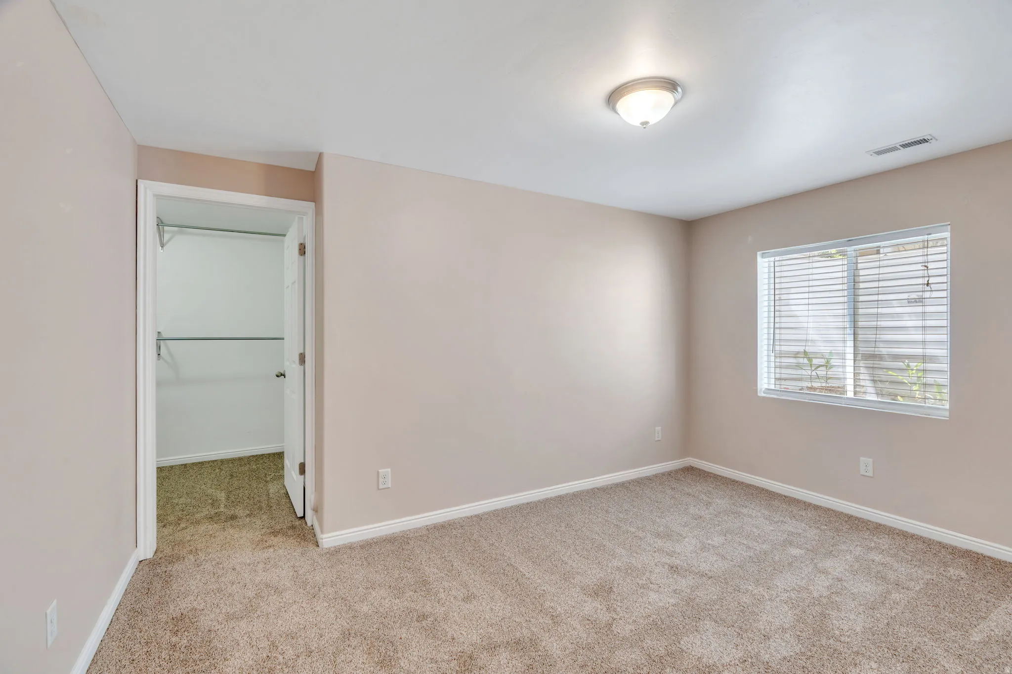 Unfurnished bedroom with a walk in closet and light colored carpet