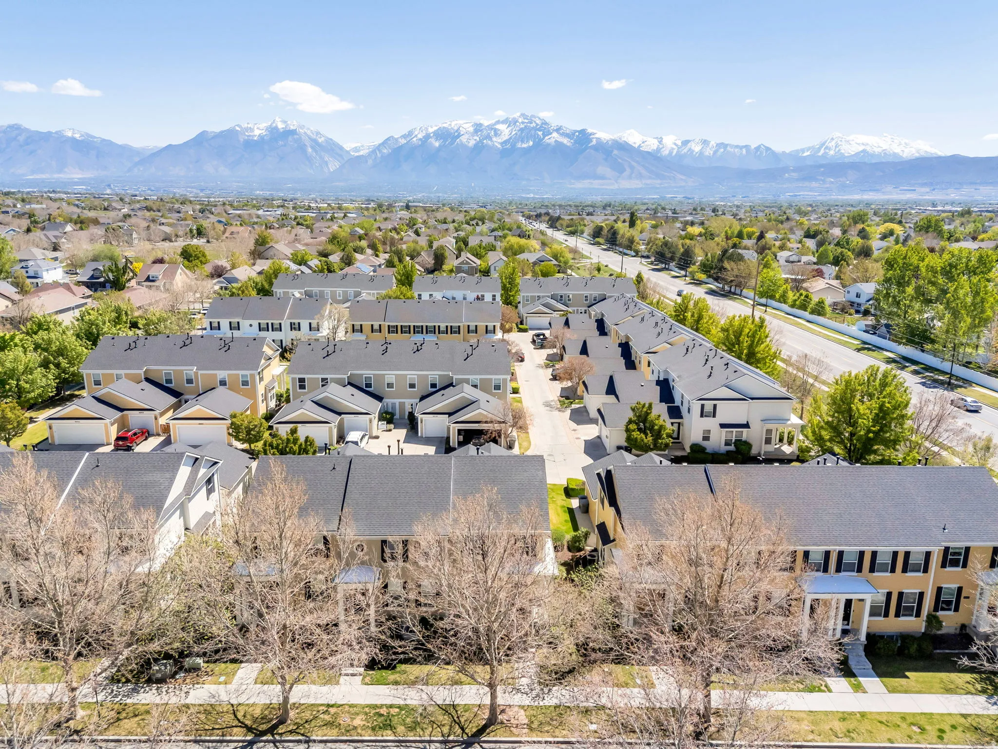 Aerial view of residential area with mountains