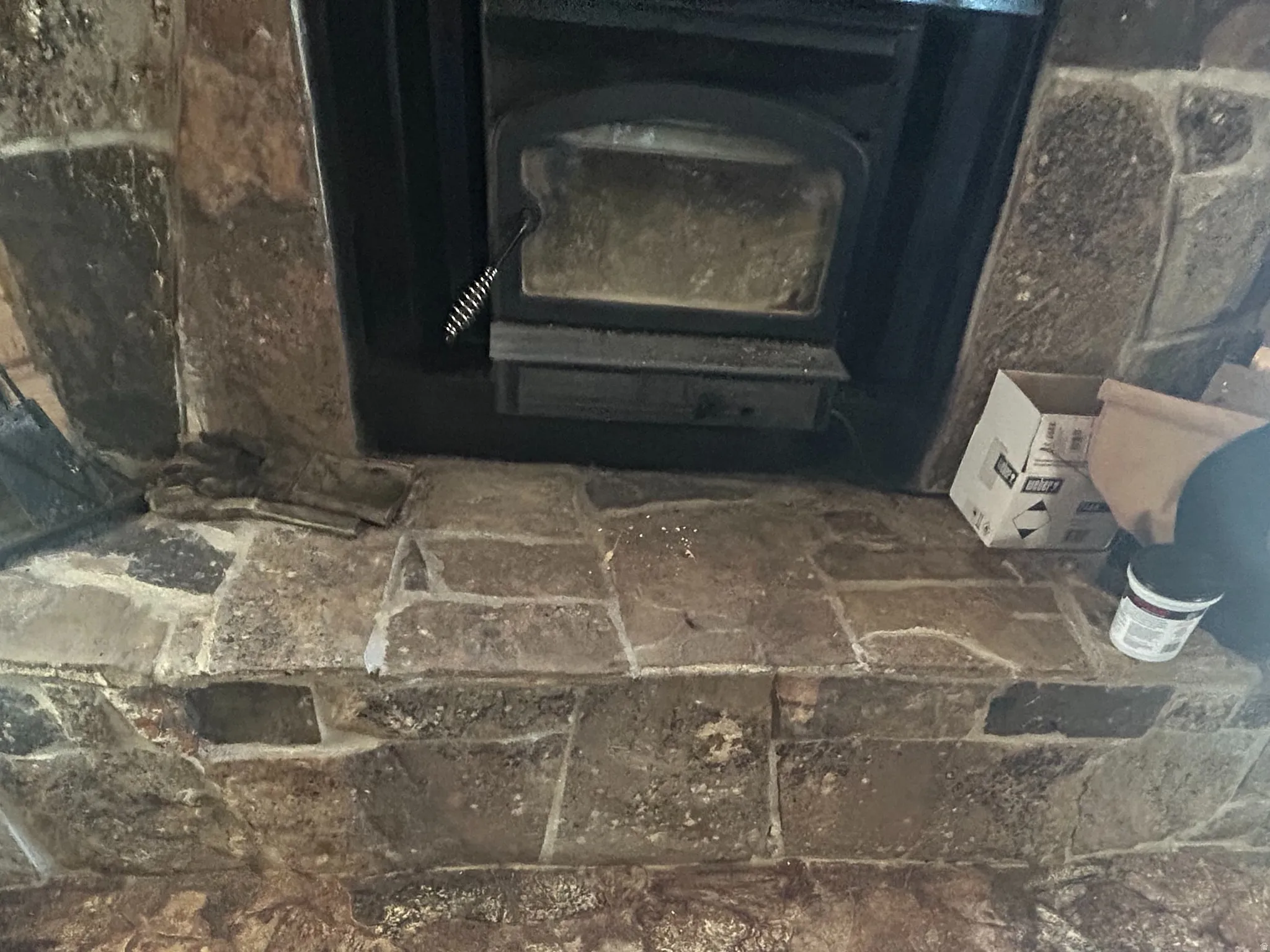 Stone hearth and fireplace with dark metal insert, complemented by wood-finish flooring and a textured area rug