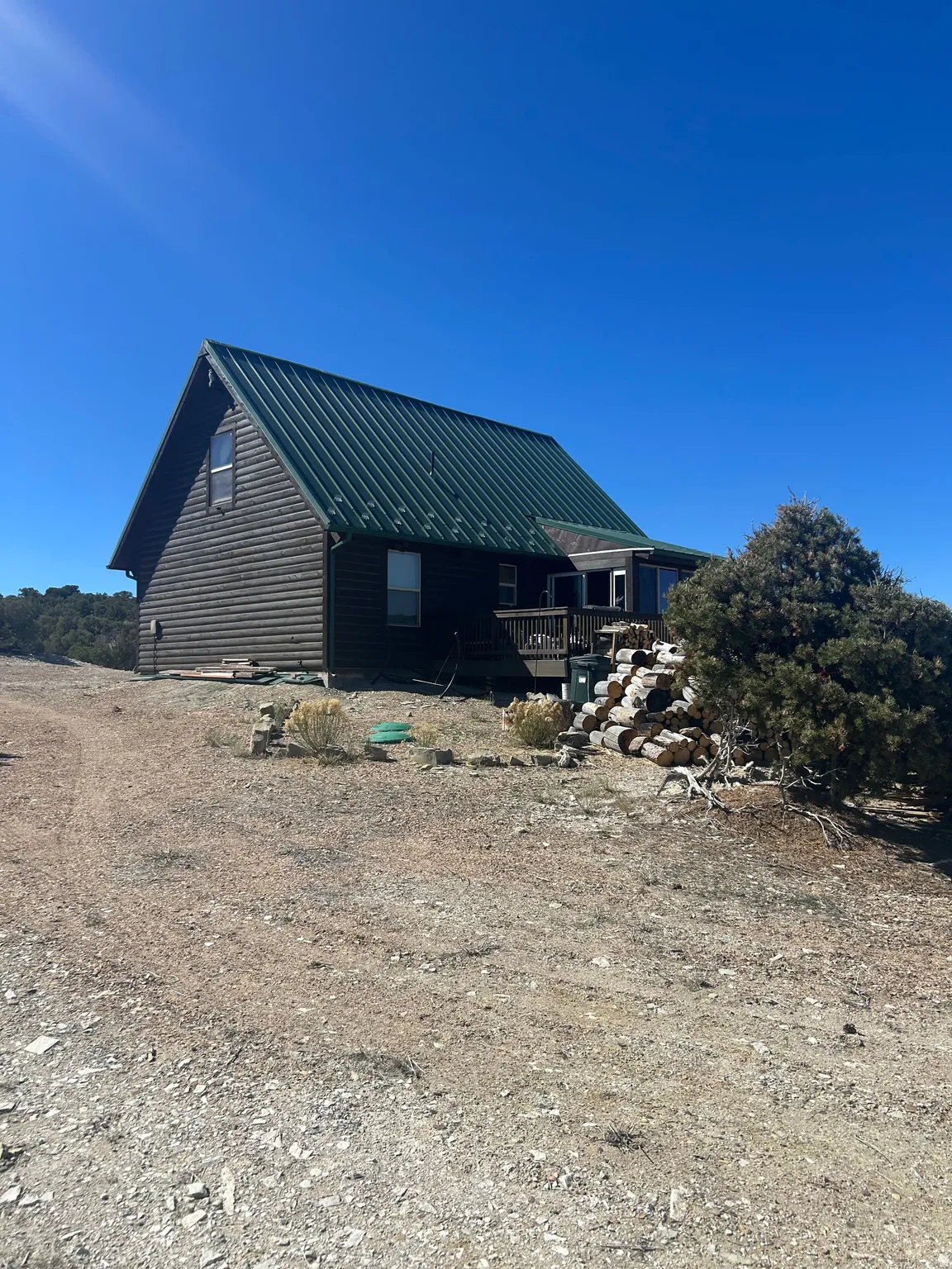 Log cabin style home featuring a green metal roof