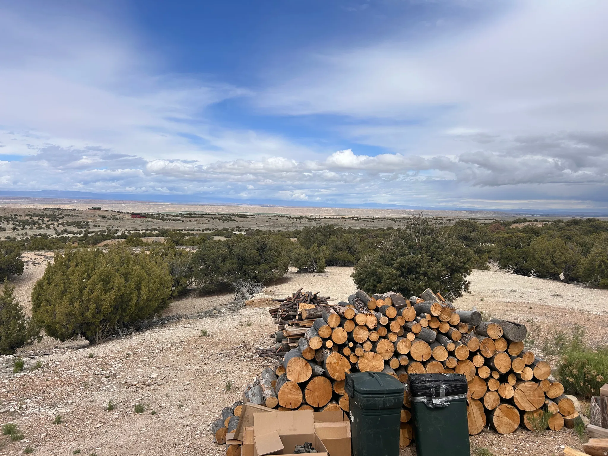 Expansive desert landscape with scattered green vegetation under a cloudy sky