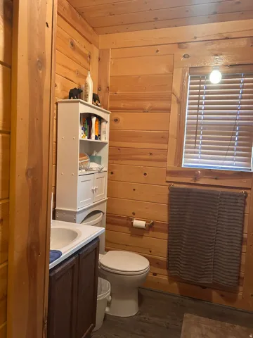 Bathroom featuring wood paneling throughout, a vanity with a white countertop and basin, a toilet, a window with blinds, and wood-finish flooring