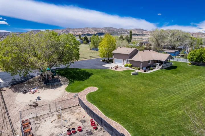 Expansive green lawn with mature trees and a paved driveway